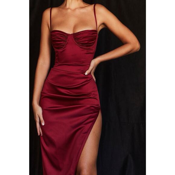 House of CB FLORA Satin Pleated Corset Midi Dress in Wine Size Small - Picture 6 of 13